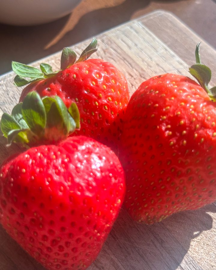 Three big red strawberries